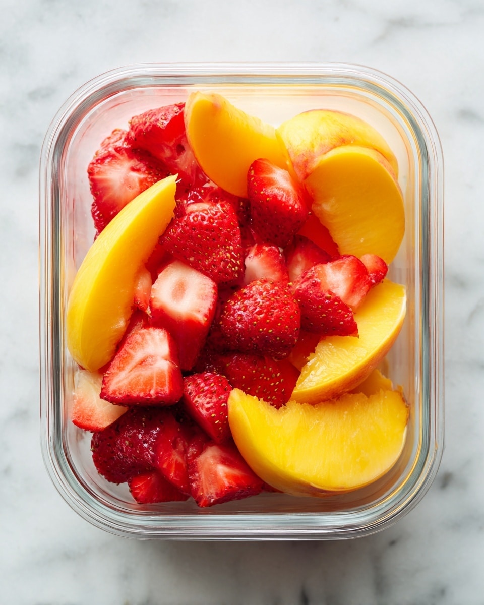 A clear glass container on a white marbled surface holds a fresh fruit mix arranged in two layers. The bottom layer is made of large yellow peach slices showing soft, smooth edges. The top layer is scattered with bright red strawberry pieces cut into halves and quarters, adding a juicy and textured look with their tiny seeds visible. The contrast between the soft, round peach slices and the small, uneven strawberry pieces creates a colorful and inviting display. photo taken with an iphone --ar 4:5 --v 7