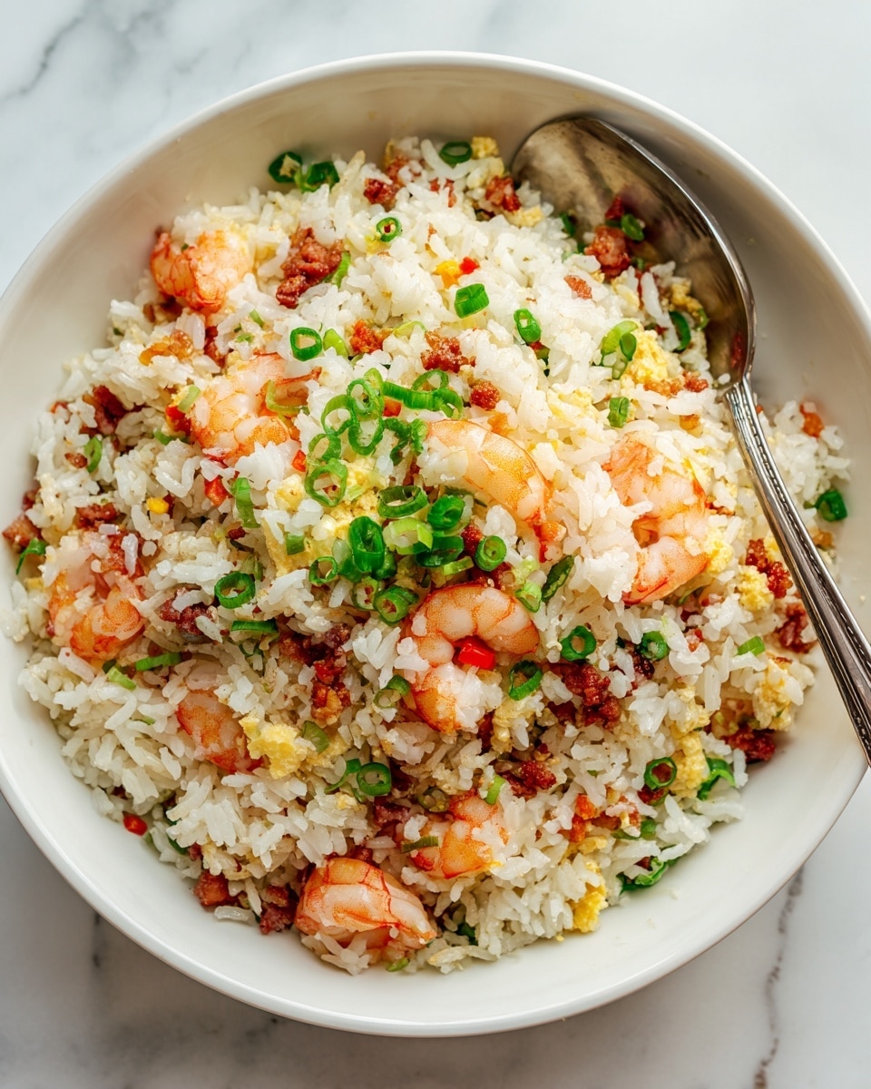 A white pan is filled with cooked rice mixed with shrimp, diced red peppers, green onions, and spices, showing a slightly browned texture at the bottom. Two white plates hold similar servings of the rice dish, each topped with a shrimp and garnished with fresh green herbs. One plate also has a silver fork resting on its edge. Around the setting, there are scattered green herbs and garlic cloves on a white marbled surface. In the top right corner, a small bowl holds sliced green onions. The whole scene is bright and fresh with a softly diffused natural light. photo taken with an iphone --ar 4:5 --v 7