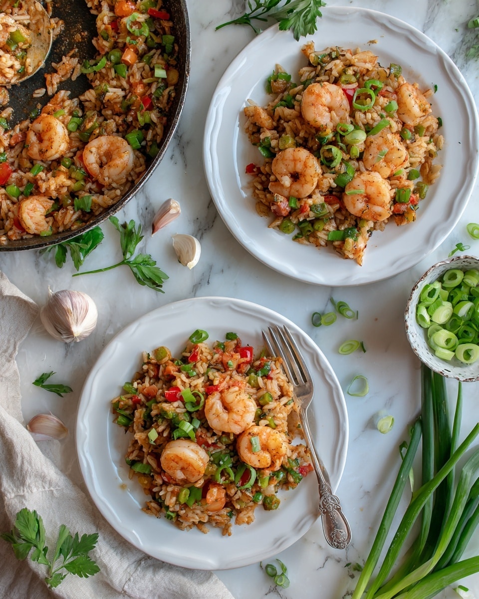 The dish shows a mound of fried rice on a white plate, with layers of white rice mixed with small pieces of light brown cooked meat and diced red and green vegetables scattered throughout. On top, there are a few medium-sized cooked shrimp that have a pinkish-orange color and a slightly shiny texture. A sprig of fresh green parsley sits in the center, adding a pop of bright color. The plate is on a white marbled surface, with hints of green herbs scattered around, which gives a fresh and clean look. photo taken with an iphone --ar 4:5 --v 7