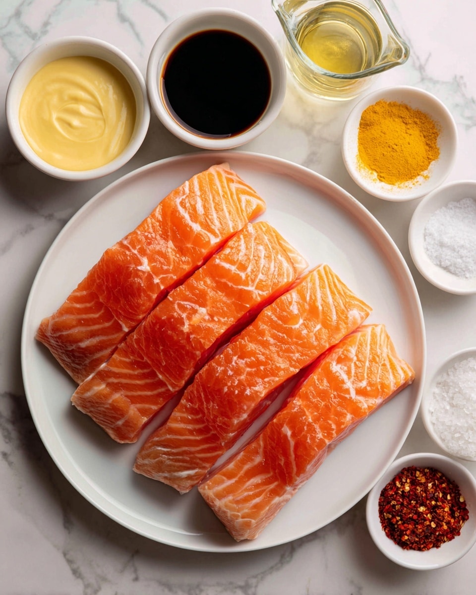 The image shows four pieces of fresh salmon with orange and white marbled textures laid out side by side on a white plate. Around the plate, there are six small white dishes placed on a white marbled surface. The dishes hold different ingredients: one with a light yellow creamy sauce, another with a dark soy-like liquid, a third with a golden honey-like syrup, a fourth with coarse white salt, a fifth with clear yellow oil in a small glass pitcher, and the last with a mix of cream powder, yellow powder, and red chili flakes. The overall look is clean and organized. Photo taken with an iphone --ar 4:5 --v 7