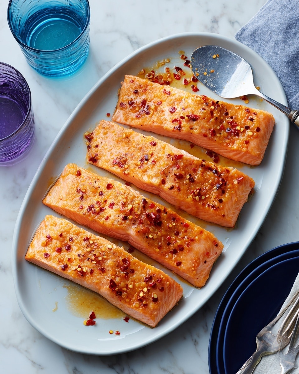 Four long, rectangular pieces of cooked salmon with a shiny, slightly oily orange surface and visible light pink lines, sprinkled with small black and red pepper flakes, are neatly placed in a row on white baking paper on a white tray with blue edges, all set on a white marbled surface, with part of a white and black striped cloth visible at the bottom left corner, photo taken with an iphone --ar 4:5 --v 7