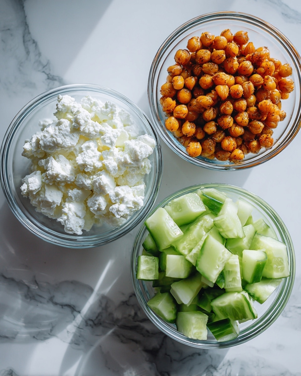 The image shows three clear glass bowls on a white marbled surface, each containing a different ingredient. The top right bowl holds chopped cucumber pieces, showing green skin and light green flesh with a fresh, slightly wet texture. The bottom right bowl contains golden-brown roasted chickpeas with a slightly rough surface. The left bowl is filled with white cottage cheese, with a lumpy and soft texture and a creamy appearance. The bowls are arranged in a triangular pattern, with soft shadows around them. photo taken with an iphone --ar 4:5 --v 7