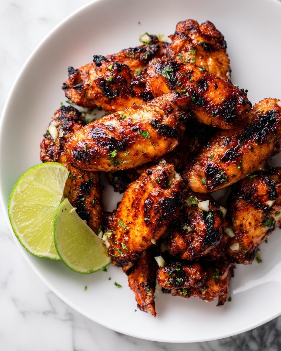 A white plate with several dark reddish-brown grilled chicken wings stacked on top of each other, showing some black char marks from cooking. Small pieces of white garlic and tiny green herb bits are sprinkled on the wings. On the left side of the plate, there is a half lime with a bright light green inside and a fresh, juicy look. The plate sits on a white marbled surface. photo taken with an iphone --ar 4:5 --v 7