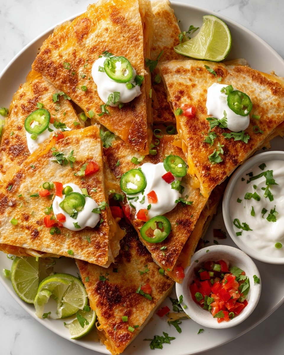 This image shows a close-up of many golden-brown quesadilla slices, each with a crispy texture and some light charring. There are small dollops of white sour cream on top of several slices, garnished with finely chopped red bell peppers and chopped green onions. Thin slices of green jalapeño peppers lie on some quesadilla pieces, adding a spicy touch. Bright green lime wedges are placed among the quesadillas, with fresh green cilantro sprinkled over the dish. In the top right corner, a small white bowl contains finely diced red bell peppers. The whole scene is set on a white marbled surface. photo taken with an iphone --ar 4:5 --v 7