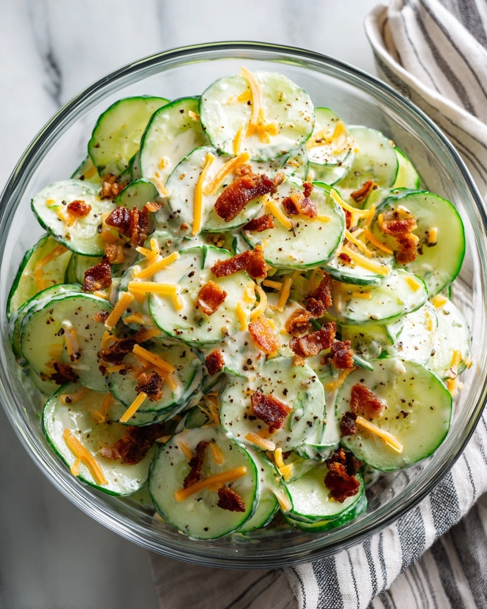 The image shows a single white bowl filled with a fresh cucumber salad, layered with thick, uneven slices of bright green cucumber at the bottom, topped with creamy shredded cheddar cheese that has small bits of brown walnuts mixed in, and sprinkled lightly with cracked black pepper and small green onion pieces. The bowl is placed on a white marbled surface with a partially visible green and white striped cloth nearby, creating a fresh and simple look. photo taken with an iphone --ar 4:5 --v 7