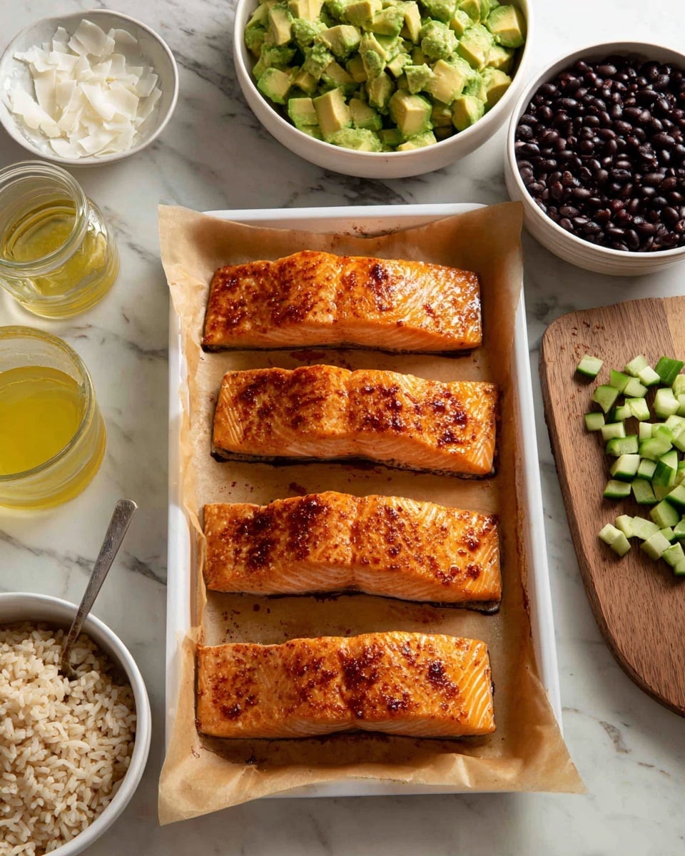 The image shows a white baking tray lined with browned parchment paper holding four cooked salmon fillets arranged side by side; each fillet has a crispy and seasoned orange-brown top layer with visible grill marks. Above the tray, there is a white bowl filled with chunky, bright green avocado pieces. To the left of the avocado bowl, a small white bowl contains thin white coconut flakes, and next to it is a glass jar with a yellow liquid, possibly dressing or oil. On the right side of the baking tray, chopped green cucumber pieces are spread on a wooden cutting board. Below the cutting board is a white bowl filled with dark black beans with a spoon in it. In the bottom left corner, there is a white bowl with light brown cooked rice. All items sit on a white marbled surface. Photo taken with an iphone --ar 4:5 --v 7