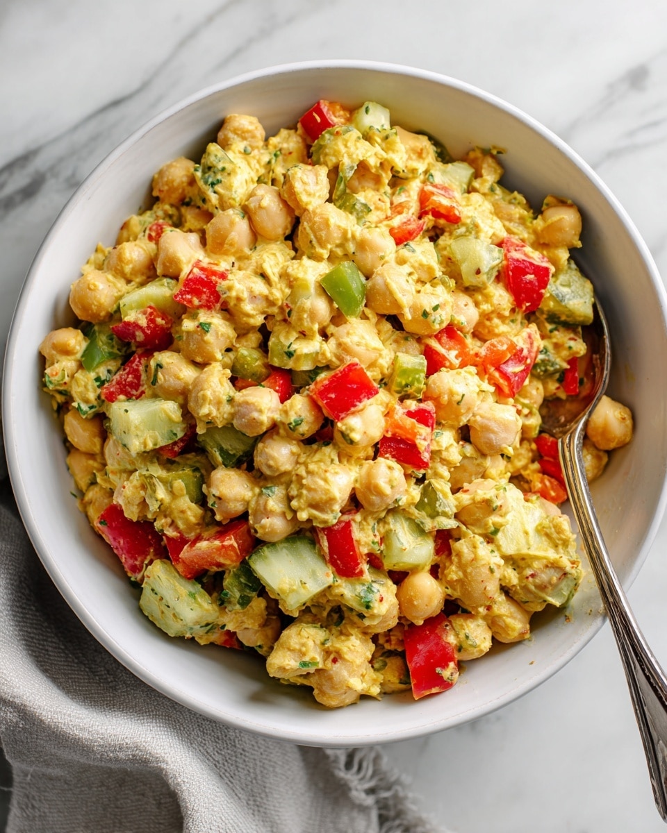A close-up view of a white bowl filled with a chickpea salad mixed with chunks of red bell pepper, green bell pepper, and diced pickles. The salad has a chunky texture with lightly mashed chickpeas creating a creamy yellowish base speckled with bright green and red pieces evenly spread throughout. A silver spoon rests inside the bowl, partially buried in the salad. The bowl sits on a white marbled surface, with a light gray cloth partially visible nearby. Photo taken with an iphone --ar 4:5 --v 7