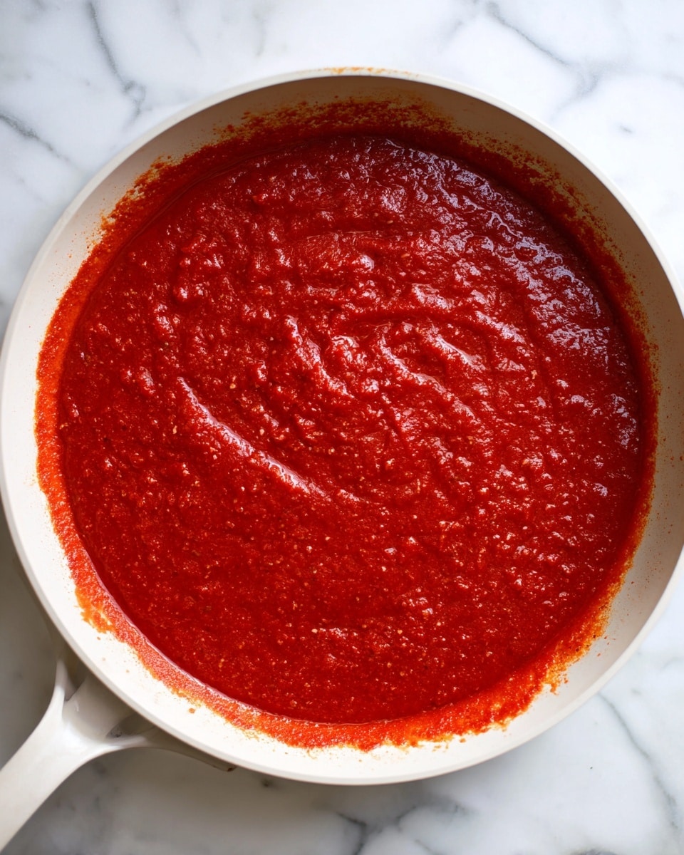 A white pan filled with a thick, bright red tomato sauce that has a textured surface with small lumps. The sauce evenly covers the pan's base and touches the sides, with some sauce splattered on the inner edges. The pan sits on a white marbled surface, and its handle extends toward the bottom left corner of the image. photo taken with an iphone --ar 4:5 --v 7