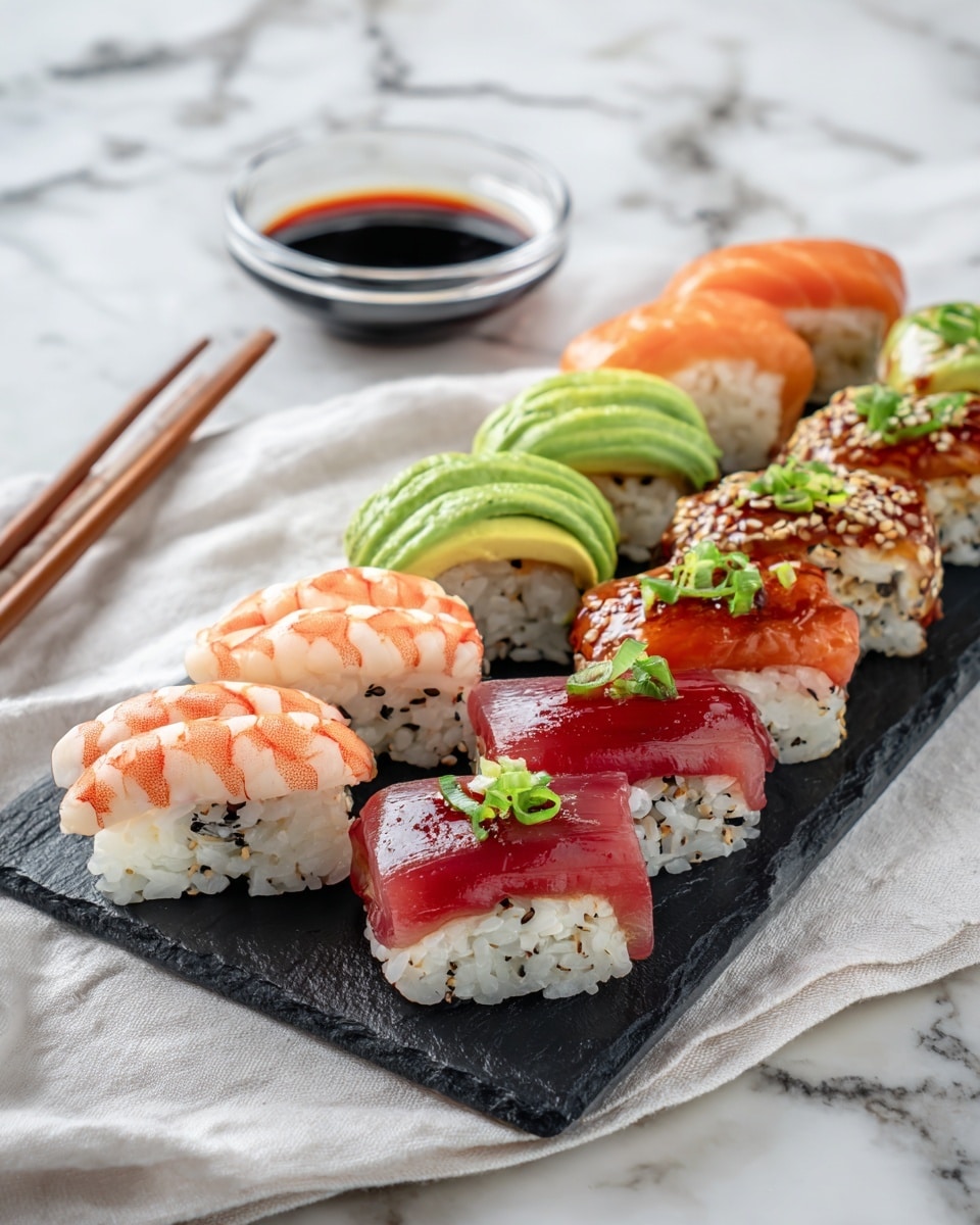 A black rectangular slate plate holds ten pieces of sushi arranged in two rows of five. Each sushi piece has a base layer of white rice with black sesame seeds mixed in. The top layer varies: some have bright pink shrimp curved over the rice, others are wrapped in smooth light green avocado slices, while some are capped with shiny, deep red tuna topped with finely chopped green onions, and a few feature translucent orange salmon draped over the rice. In the background, a small clear glass bowl filled with dark soy sauce sits next to light brown wooden chopsticks. The setting is on a white marbled textured surface with a white cloth partially visible on one side. Photo taken with an iphone --ar 4:5 --v 7