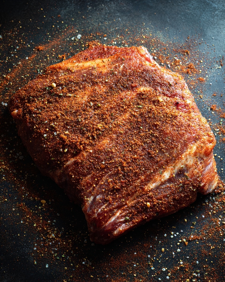 A single large piece of raw meat, thick and uneven in shape, rests directly on a dark cooking surface. The meat is fully covered with a dry reddish-brown spice mix, giving it a rough textured look with small granules scattered around the edges. The surface of the meat shows marbled veins of fat beneath the spice layer, adding slight light pink and white accents under the spice coating. The background is a close-up of the dark cooking surface with some reddish spice powder scattered nearby. photo taken with an iphone --ar 4:5 --v 7