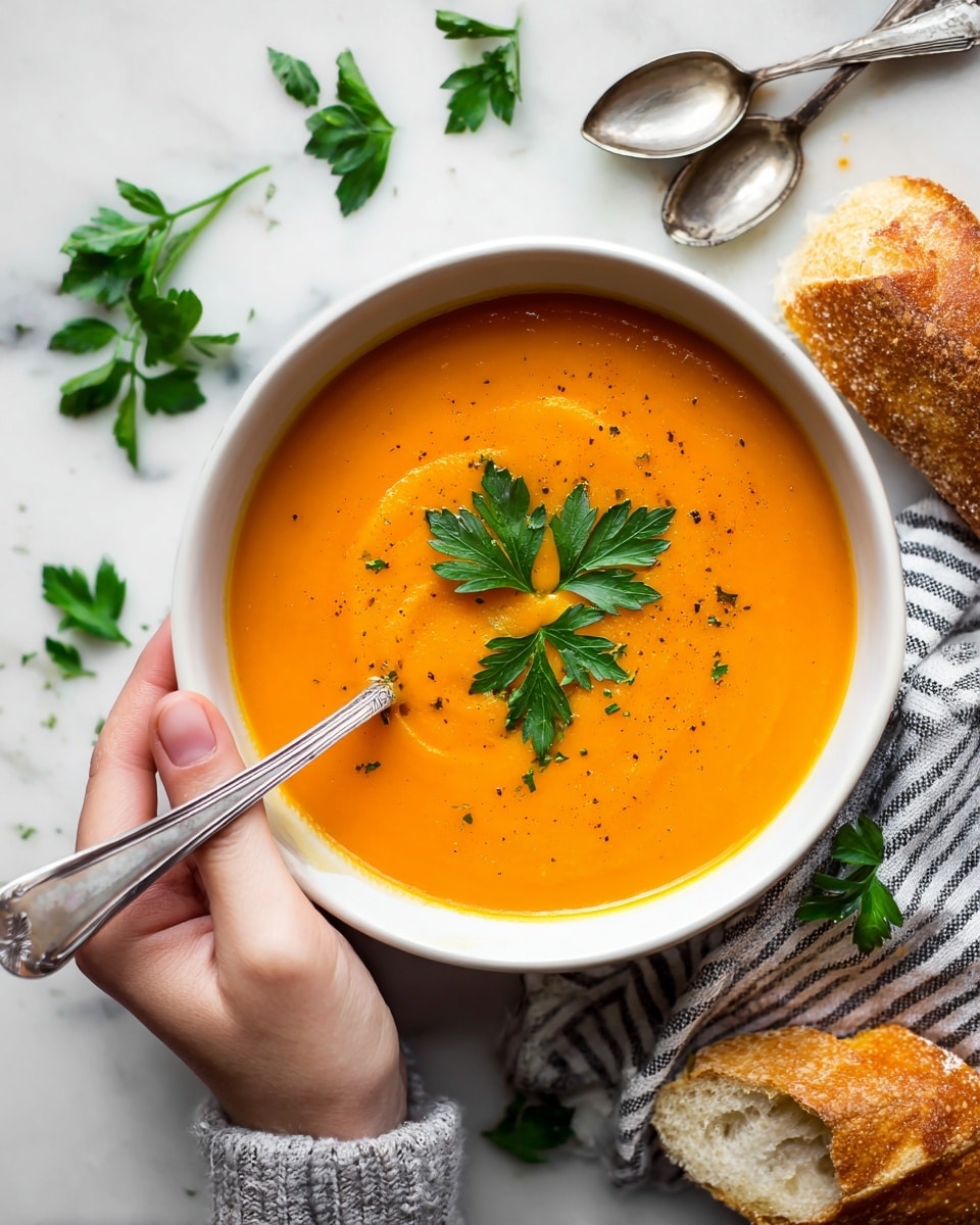A white bowl filled with smooth, bright orange soup sits on a white marbled surface. The soup is topped with three fresh green parsley leaves placed in the center. A woman's hand holds a silver spoon dipped into the soup on the left side of the bowl. Around the bowl are scattered parsley leaves, a striped cloth napkin on the right, a piece of crusty bread with a golden brown top and soft inside at the bottom right, and two tarnished silver spoons above the bowl. Photo taken with an iphone --ar 4:5 --v 7