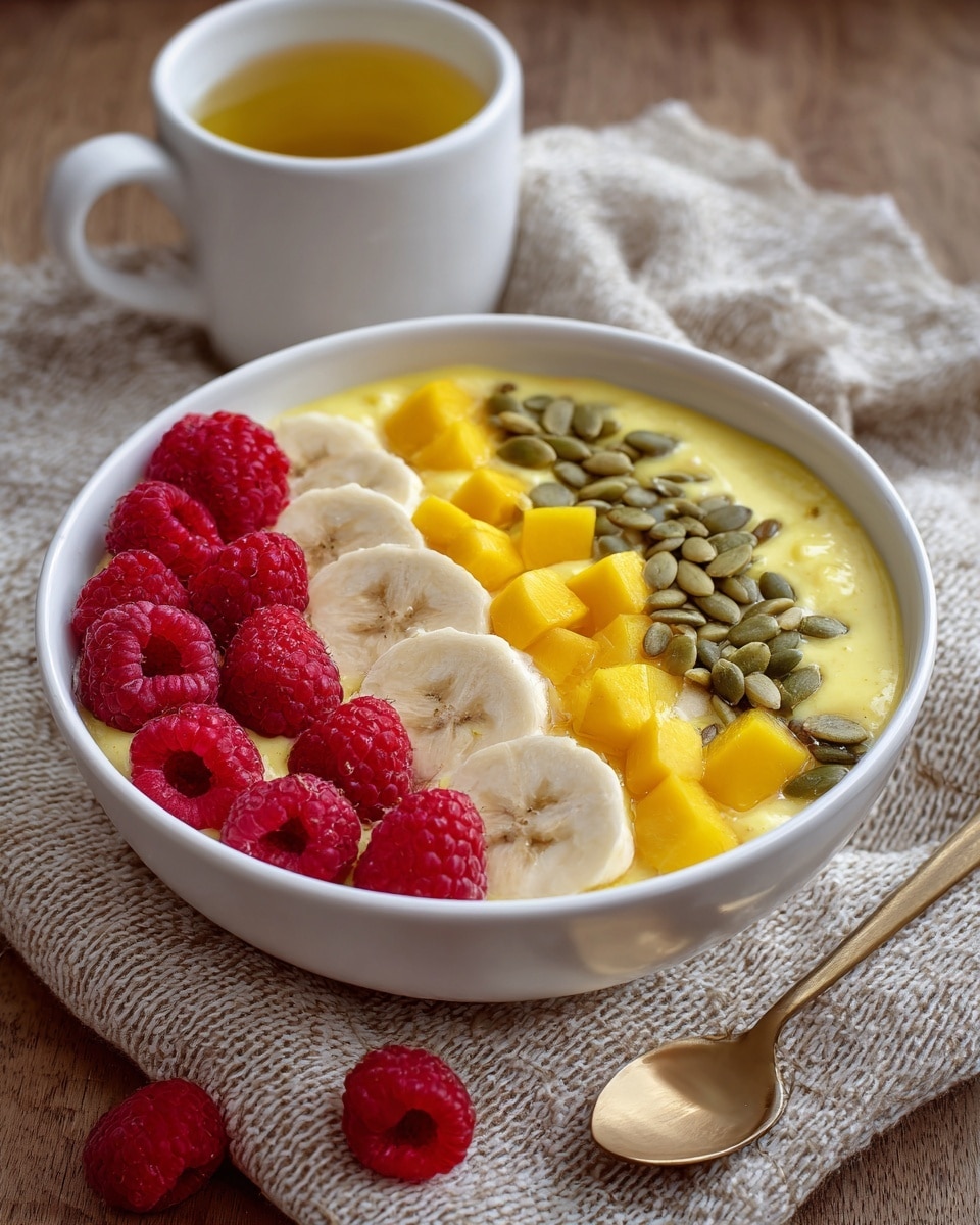 A white bowl filled with a creamy yellow base topped with three distinct sections: sliced banana rounds arranged in a curved line on the top right sprinkled with green pumpkin seeds, bright yellow mango cubes on the bottom left, and several whole red raspberries on the bottom right. The bowl sits on a wooden table with a beige textured cloth behind it, and a white cup with yellow liquid rests in the background. A gold spoon is placed in front of the bowl on the table. Photo taken with an iphone --ar 4:5 --v 7