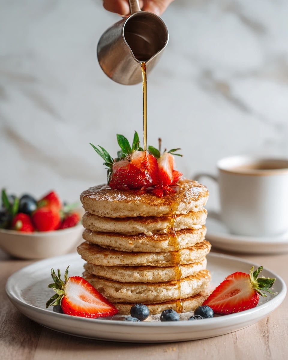 A stack of seven golden brown pancakes with a slightly textured surface sits on a white plate. On top of the stack is a layer of white whipped cream, holding several halved bright red strawberries with green leaves and whole dark blue blueberries. A thin stream of amber syrup is being poured over the strawberries. Around the base of the pancakes on the plate are scattered blueberries. The scene rests on a white marbled surface with a gold fork visible in the background. Photo taken with an iphone --ar 4:5 --v 7
