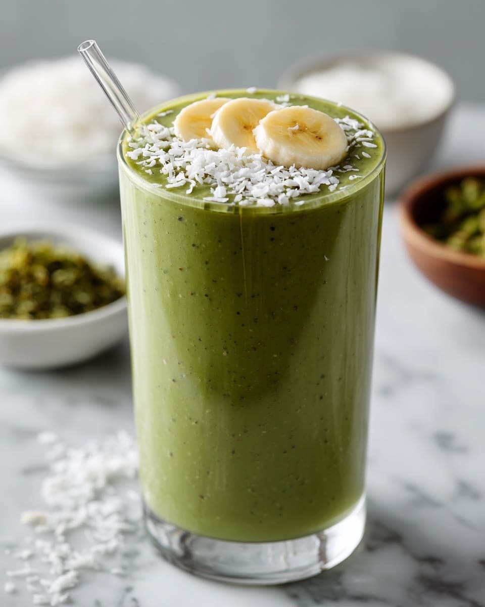 A clear glass filled with a thick, light green smoothie shows two banana slices floating on top, along with some small white crunchy bits sprinkled around them. The glass is held by a woman's hand from the right side. The glass rests on a beige striped cloth, all set against a white marbled background. In the blurred background, there is a white plate with some green leafy garnish. Photo taken with an iphone --ar 4:5 --v 7