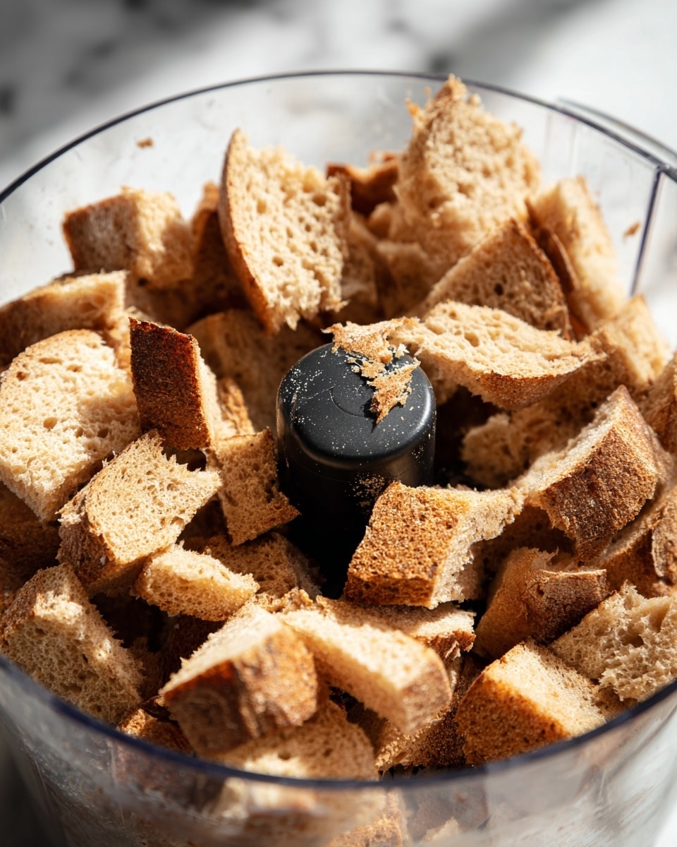 The image shows a close-up of a clear food processor bowl filled with broken pieces of light brown bread with a rough texture and crusts on the edges. The bread pieces are piled around a black central blade attachment inside the bowl. The background has a white marbled surface that reflects soft light on the transparent bowl. The photo focuses on the bread's crumbly texture inside the clear bowl, with the metal blade partially visible in the center. photo taken with an iphone --ar 4:5 --v 7