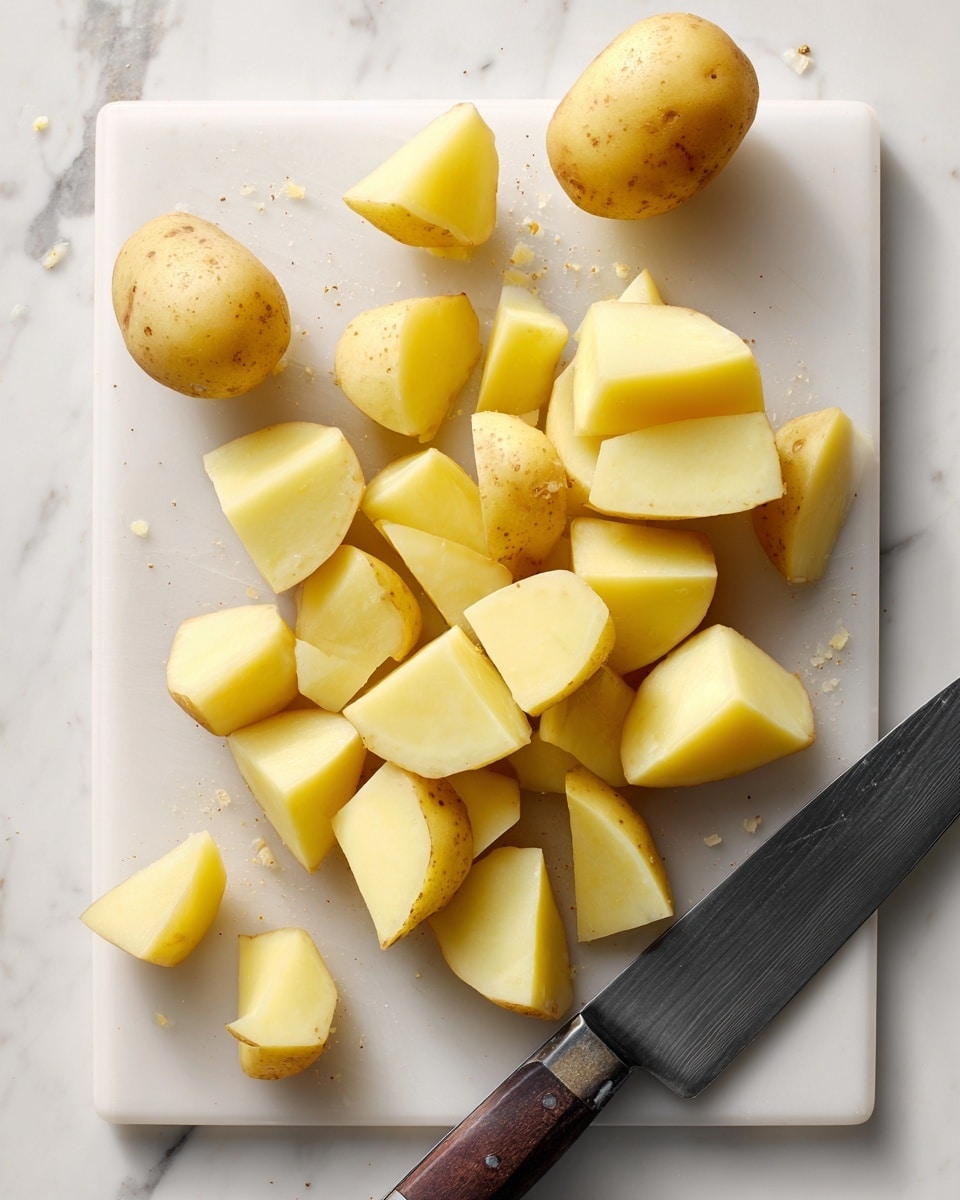 Several peeled potatoes are placed on a clear cutting board with one large dark knife lying next to them. The potatoes are cut into medium-sized chunks with some whole yellow peeled potatoes visible as well. The cutting board rests on a white marbled surface with small scattered specks. The image is well-lit showing the smooth texture of the potatoes and the sharp edge of the knife. photo taken with an iphone --ar 4:5 --v 7