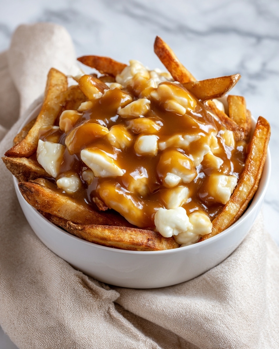 A white bowl filled with layered fries at the bottom, golden brown and slightly crispy, topped with white cheese curds that look soft and melted, then covered with a thick, smooth brown gravy. Small pieces of chopped green onions are scattered over the top, adding a pop of green. A woman's hand holds a fork lifting a stretch of cheese with some gravy and fries. The bowl is placed on a white marbled surface with some fries scattered around. Another similar bowl is blurred in the background. Photo taken with an iphone --ar 4:5 --v 7