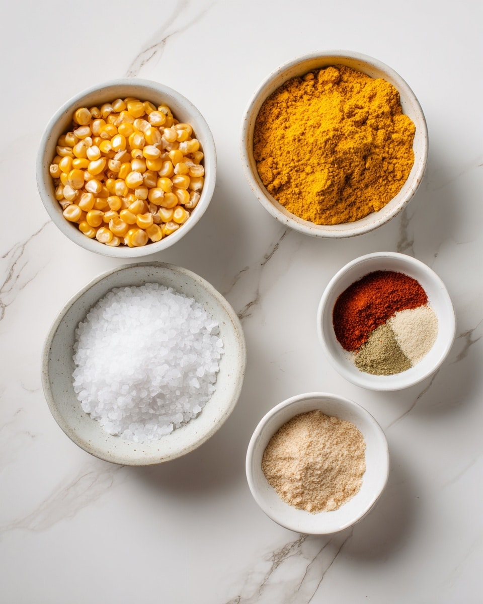 Five white bowls are placed on a white marbled surface. The top right bowl holds a yellow powder with a flaky texture. The middle bowl near the center contains round, shiny yellow corn kernels. The left bowl shows coarse white salt crystals. The bottom left bowl has a soft, white solid substance. The bottom right bowl contains small piles of spices in brown, reddish-orange, and pale beige colors, arranged side by side. The photo taken with an iphone --ar 4:5 --v 7