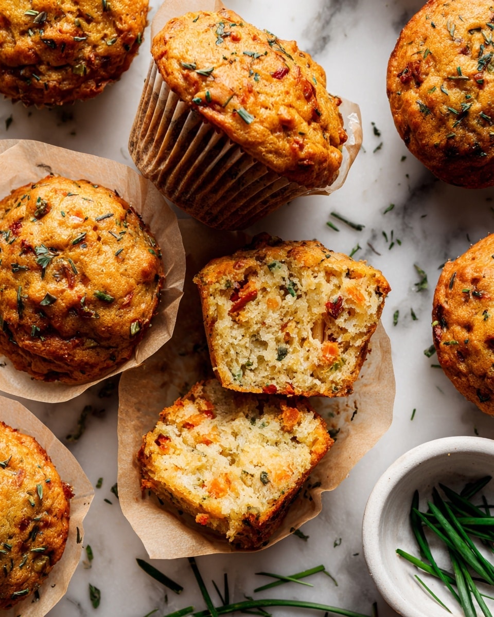 Several golden brown muffins with rough tops, speckled with small green herbs, sit on a white marbled surface. One muffin in the center is opened in half, showing its light, soft inside with visible chunks of red and green vegetables mixed throughout. A few green chive pieces are scattered around the scene, with some inside a white bowl on the right side. The muffin wrappers are light brown and crinkled, adding texture to the presentation. photo taken with an iphone --ar 4:5 --v 7