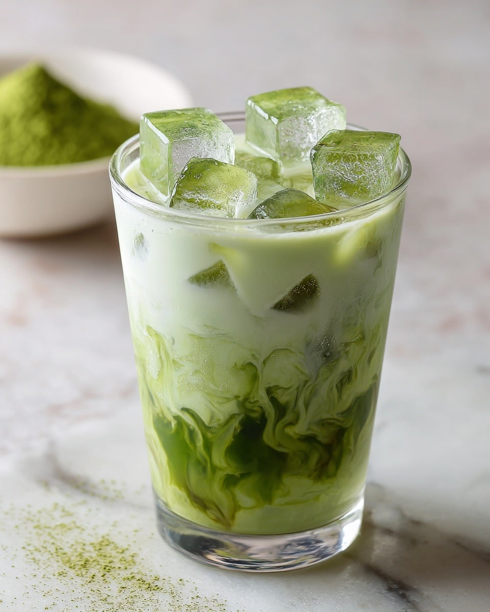 A clear glass is filled with two layers: the bottom layer is bright green with visible crushed leaves, while the top layer has several large clear ice cubes with some white foam around them. From the right side, a small ceramic pitcher with a speckled grey and brown texture is pouring a light creamy liquid into the glass. The glass sits on a white marbled surface with a white background. photo taken with an iphone --ar 4:5 --v 7