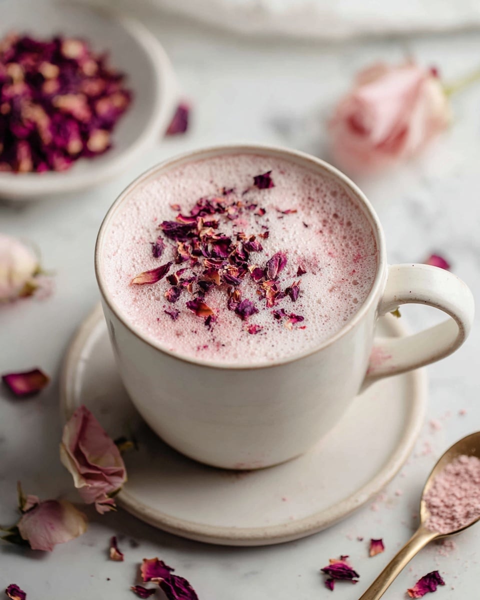 A white bowl filled with a light pink frothy drink topped with dried rose petals around the edge, showing bright pink and pale orange petals with some green leaves mixed in; a woman's hand holds a small silver spoon stirring the frothy drink, all set on a white marbled surface. photo taken with an iphone --ar 4:5 --v 7