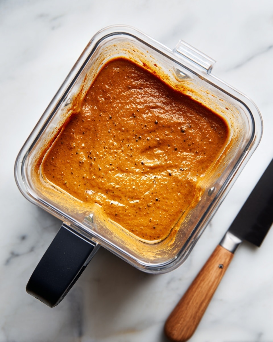 A clear blender jar is filled with a thick, orange-brown mixture that has a smooth yet slightly textured surface. The mixture is evenly spread inside the square-shaped blender container with small bubbles and specks visible throughout, suggesting a blended sauce or paste. The blender is placed on a white marbled surface, and next to it lies a black knife with a wooden handle. Photo taken with an iphone --ar 4:5 --v 7