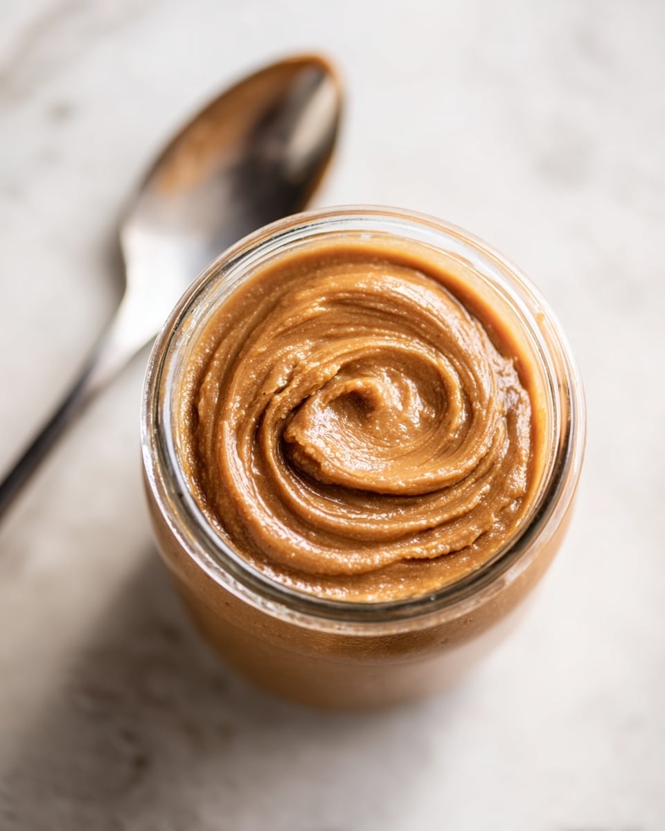 A close-up top view of a clear glass jar filled with a thick, smooth spread that has a rich, deep caramel brown color and a creamy texture with a soft swirl pattern on top. The jar sits on a white marbled surface, next to a silver spoon placed on the left side out of focus. The light reflects softly on the glossy surface of the spread, highlighting its creamy consistency. photo taken with an iphone --ar 4:5 --v 7