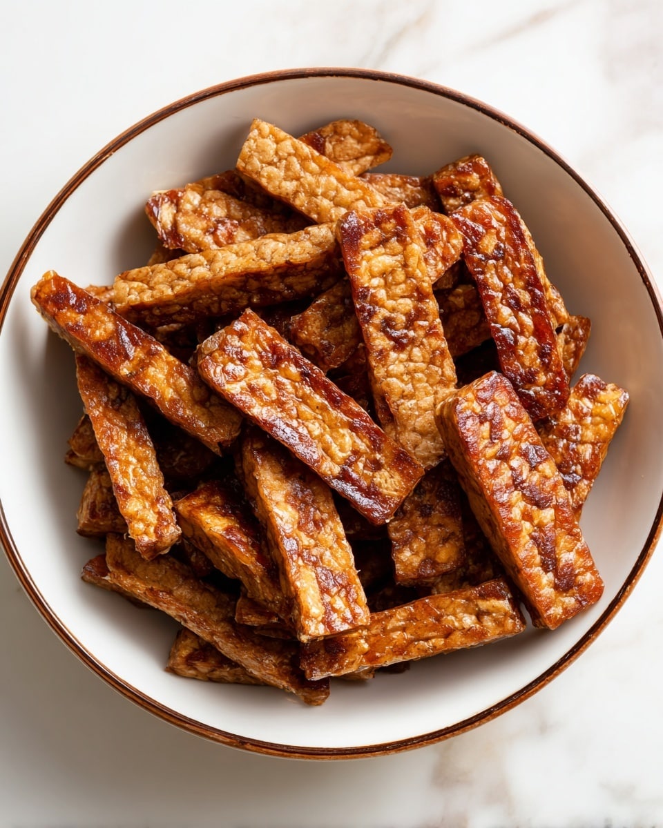 A white bowl with a brown rim is filled with many small rectangular and square pieces of fried tempeh. Each piece has a shiny browned surface with a textured pattern from the soybeans, showing shades of dark golden to amber. The tempeh pieces are piled closely together, filling the bowl, which sits on a white marbled surface. Photo taken with an iphone --ar 4:5 --v 7