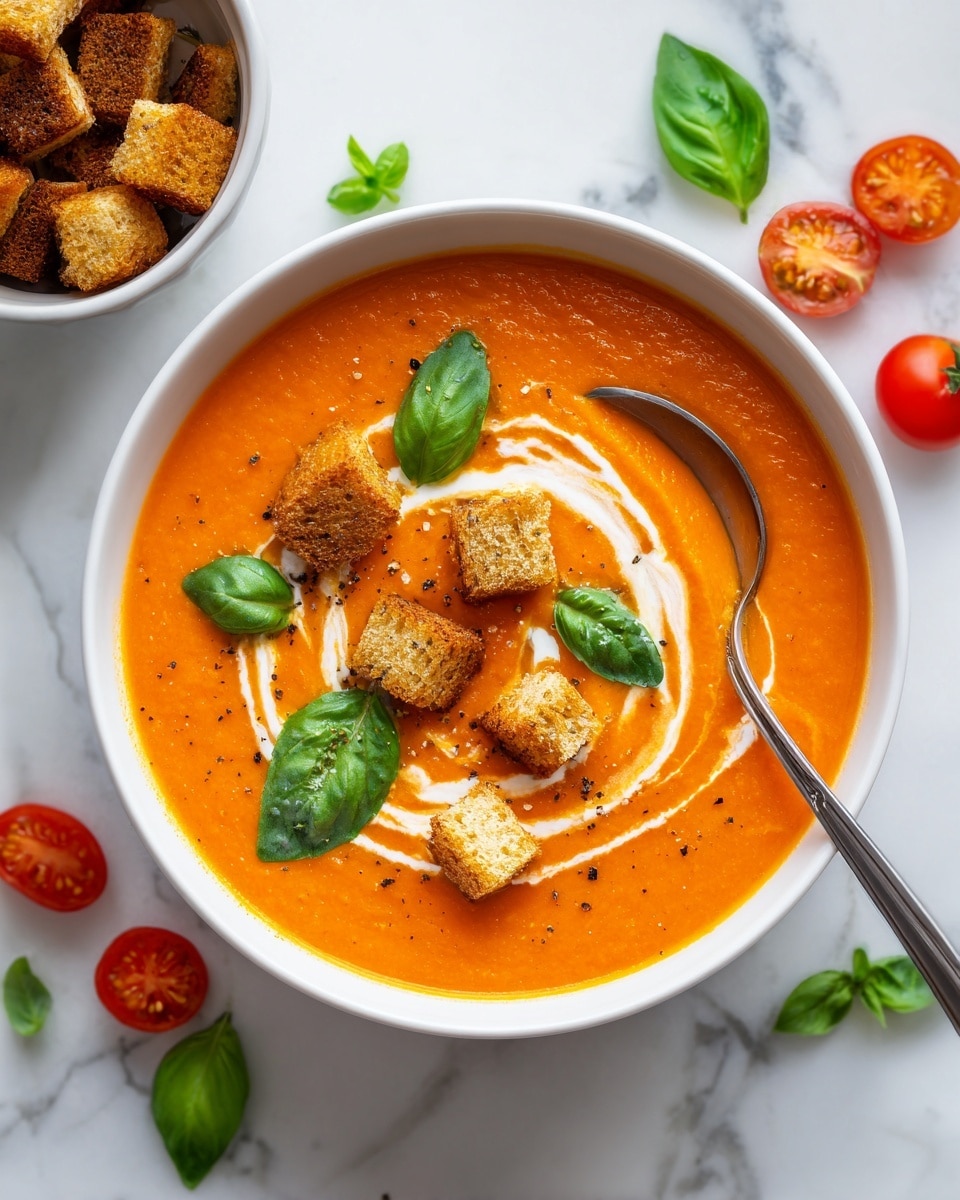 A white bowl sits on a white marbled surface filled with thick, orange tomato soup that has a smooth texture with some small bubbles on the surface. On top, there are three rough, golden-brown toasted bread cubes placed in the middle, partially soaked in the soup. Bright green fresh basil leaves are scattered around the bread pieces. A silver spoon is resting inside the bowl on the right side, partially submerged in the soup. In the background, there are some green basil leaves and a blurry white bowl with more bread pieces. Photo taken with an iphone --ar 4:5 --v 7