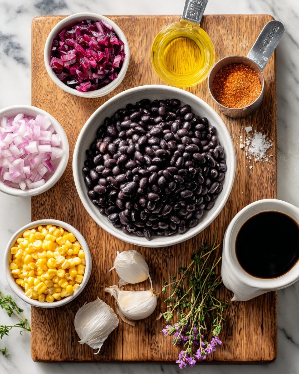 A white bowl filled with dark purple black beans is placed on a wooden cutting board with a light brown grain texture. On the board next to the bowl are two cloves of garlic and several small green thyme sprigs with tiny leaves and purple flowers. Surrounding the board on a white marbled surface are small white bowls and a white metal cup filled with ingredients: finely chopped pale pink shallots and white segments, dark reddish grated beets in a metal measuring cup, bright yellow corn kernels, light tan ground spices in two bowls, and a small bowl of dark liquid sauce. photo taken with an iphone --ar 4:5 --v 7