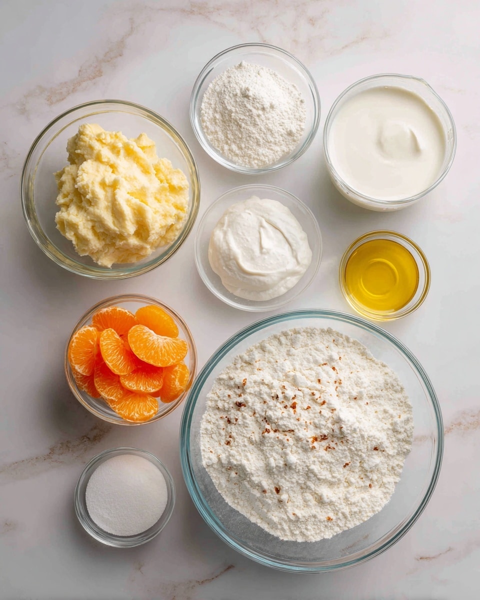 Seven clear glass bowls and measuring cups are arranged on a white marbled surface. The biggest bowl at center bottom holds white flour with some brown specks. To its top left, a medium bowl contains pale yellow mashed substance with a soft texture. Above that, a smaller bowl holds white powder. At the top right, a small bowl has soft white cream. To the right of the large bowl, a measuring cup is filled with white milk, and another one next to it contains clear yellow liquid oil. Below the measuring cups, two small bowls with white powder sit side by side. To the left of the large bowl, a small bowl holds bright orange mandarin slices. photo taken with an iphone --ar 4:5 --v 7