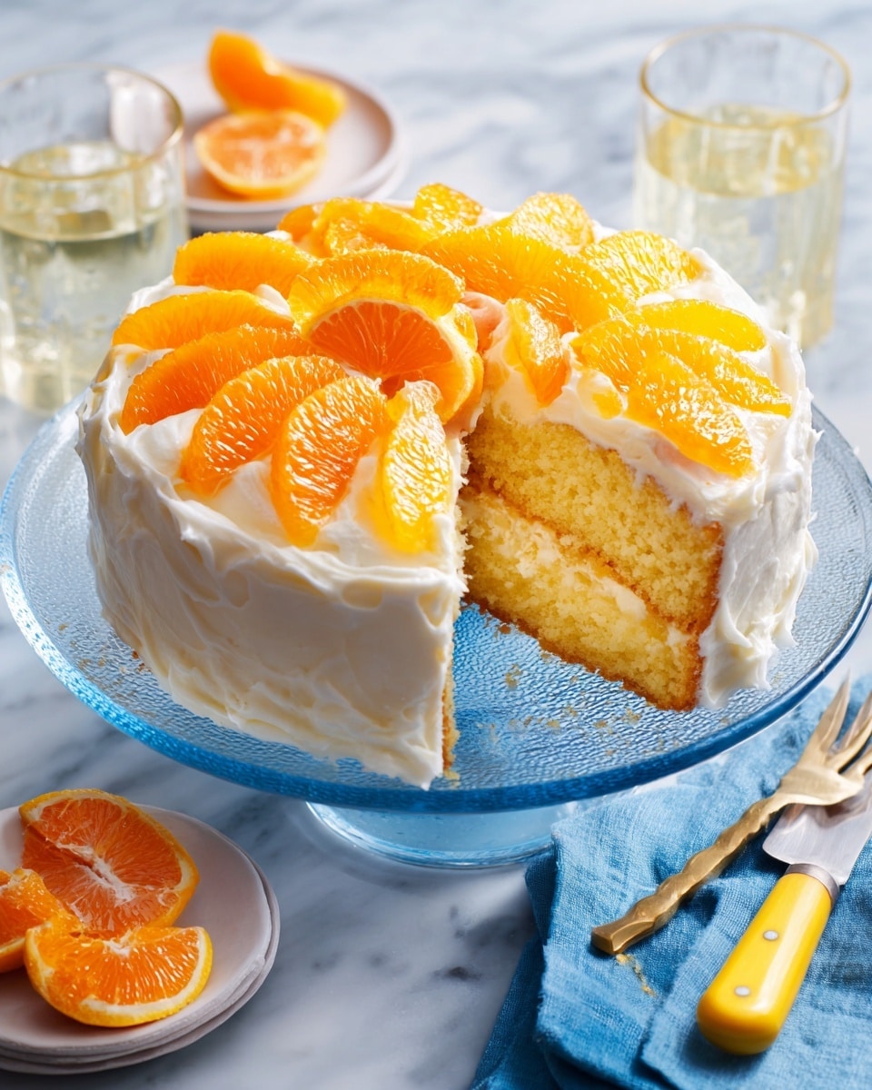 The image shows three slices of a two-layer yellow cake with creamy white frosting on top and between the layers, each placed on a white plate. Each slice is accompanied by bright orange mandarin segments on the side. The plates are arranged on a white marbled surface with a mix of blue, brown, and gray speckles. Two forks with yellow handles rest on two of the plates, and two glasses with a light amber drink are visible near the plates. A woman's hand with a silver ring holds one plate from the top left corner. photo taken with an iphone --ar 4:5 --v 7