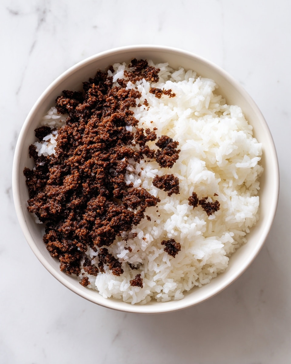 A white round bowl with two layers inside placed on a white marbled surface. The bottom layer covers half of the bowl with white cooked rice that looks soft and slightly sticky. The top layer is dark brown cooked minced meat, scattered unevenly over the rice, showing a crumbly and slightly shiny texture. The colors contrast clearly between the bright white rice and the deep brown meat. No other items or decorations are present. Photo taken with an iphone --ar 4:5 --v 7