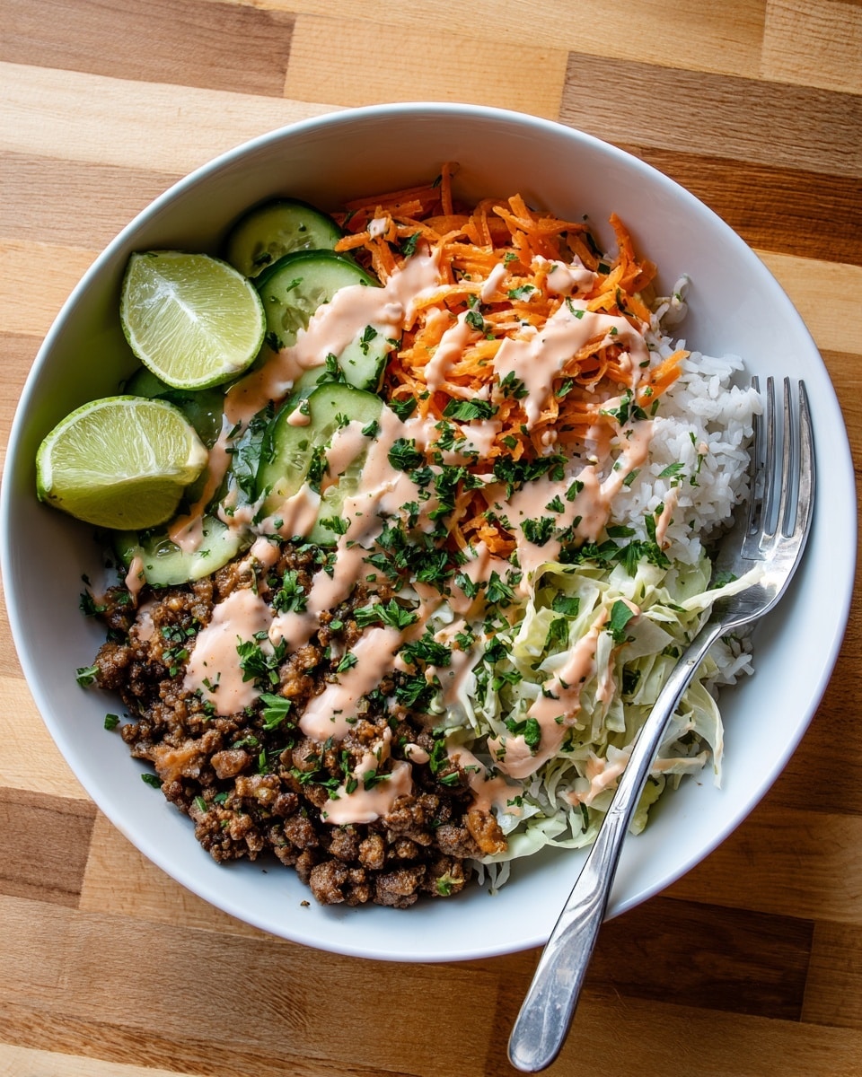 A white bowl holds a layered dish with three main parts: white rice at the bottom left, crumbled cooked brown meat covering the bottom right, and a colorful mix of shredded orange carrot, white cabbage, and green cucumber in the top center. The dish is topped with a light pink sauce drizzled across all layers and fresh green chopped herbs sprinkled evenly on top. Two lime wedges rest on the left side of the bowl. The bowl is on a wooden surface with a fork placed inside the bowl on the right side. Photo taken with an iphone --ar 4:5 --v 7