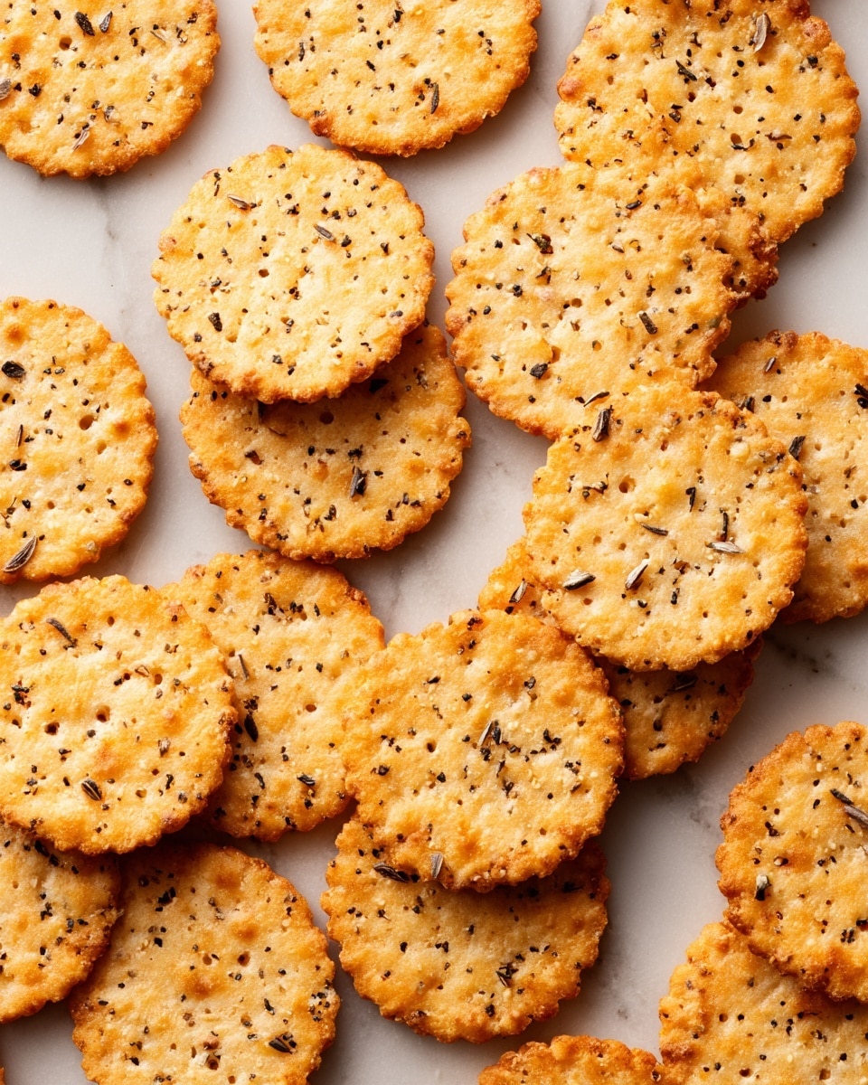 The image shows one long row of round crackers stacked inside a narrow white box. Each cracker is light golden brown with a crispy texture and has edges covered in black and white sesame seeds and some small bits of seasoning. A few crackers are blurred in the background, and the surface beneath the box is a white marbled texture. The photo taken with an iphone --ar 4:5 --v 7
