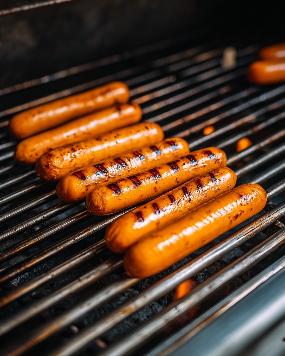 Eight orange hot dogs with black grill marks lie on the metal grill grate of a barbecue, arranged in two rows. The hot dogs have a smooth texture with some charred spots, showing they are cooking over the flames below. The grill bars are silver with some darkened areas from use, and the background is a dark, slightly worn barbecue interior. photo taken with an iphone --ar 4:5 --v 7