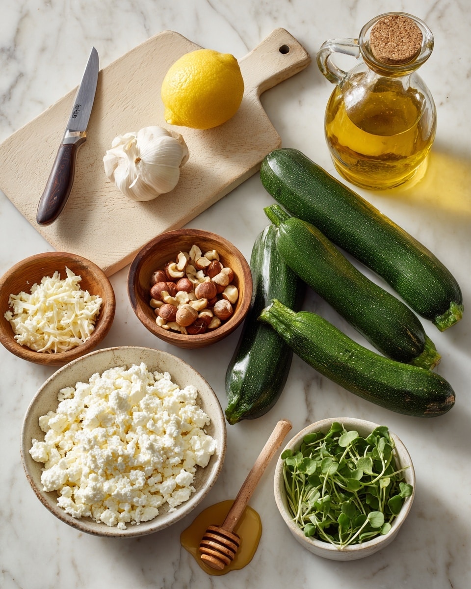 The image shows fresh cooking ingredients spread on a white marbled surface. At the top is a light beige cutting board with a lemon and a small knife with a dark wooden handle placed on it. Below the cutting board lies a whole garlic bulb in the center. Three green zucchinis are arranged diagonally to the right of the garlic, showing smooth, shiny skin. To the top right, there is a clear glass bottle filled with golden olive oil, sealed with a cork. Next to the bottle is a small white bowl holding honey and a wooden honey dipper resting on its edge. Near the bottom left side, a large clear glass bowl is filled with white cottage cheese. Beside it, a small wooden bowl contains whole hazelnuts. Another small wooden bowl contains crumbled white cheese. On the bottom right, a white bowl is filled with fresh green microgreens with thin stems and small leaves. photo taken with an iphone --ar 4:5 --v 7
