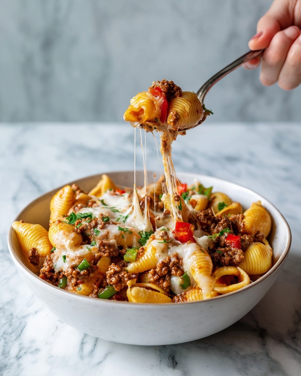 The image shows a white bowl filled with a pasta dish made of large shell pasta, browned ground meat, melted white cheese, and diced red and green bell peppers. The pasta shells are golden-yellow and well-coated with the meat and cheese mixture. The melted cheese is stretchy and stringy, being lifted by a fork with woman's hand holding it just above the bowl. Pieces of chopped green herbs are sprinkled on top, adding green color. The bowl rests on a white marbled surface. photo taken with an iphone --ar 4:5 --v 7