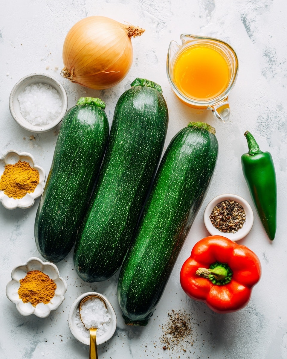 Four green zucchinis are placed side by side near the center of the image on a white marbled surface. Above them are two small clear glass pitchers, one filled with a bright orange liquid and the other with a white powder. To the right of the zucchinis is a round yellow onion and a green jalapeño pepper. Below and to the right sits a red bell pepper. Scattered around the zucchinis are small white flower-shaped dishes holding various spices: yellow powder, brown powder, and black pepper, along with two small white round containers, one with salt and a gold spoon, and the other with a pepper mix. The overall scene is clean and brightly lit with all items neatly spaced. Photo taken with an iphone --ar 4:5 --v 7
