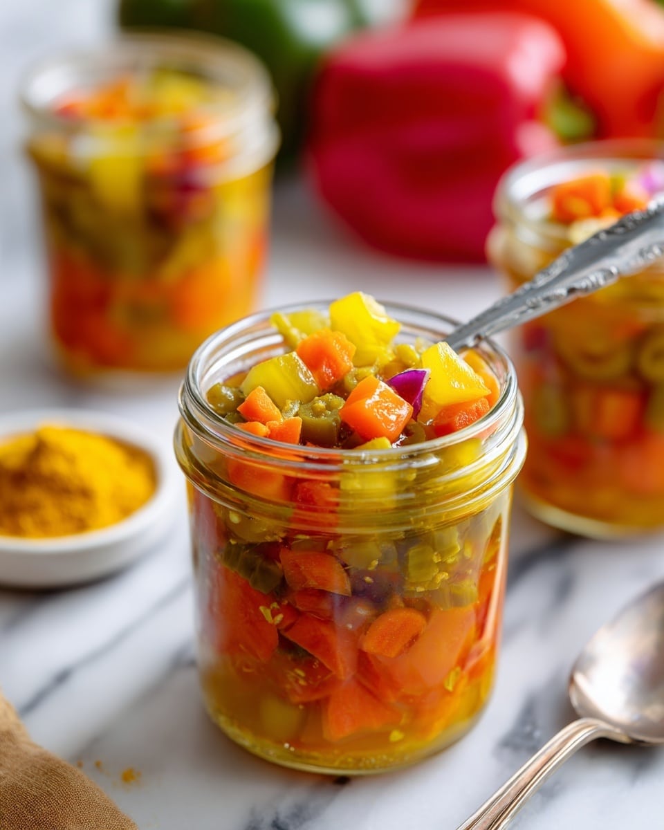 A white bowl filled with a mix of diced yellow, green, and red vegetables in a liquid, sitting on a white marbled surface with an orange and white striped cloth partially under the bowl. Behind the bowl, a red bell pepper and a clear jar filled with similar diced vegetables in liquid are visible. Around the bowl, there are green peppers and a round green squash, all resting on the white marbled surface. Photo taken with an iphone --ar 4:5 --v 7