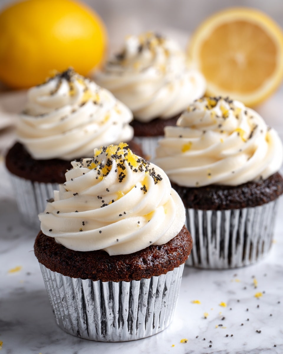 A close-up of four cupcakes lined closely together on a white marbled surface. Each cupcake has three layers: the bottom is a dark brown cake held in a shiny silver wrapper, the middle is a thick swirl of smooth white frosting in a soft peak shape, and the top is sprinkled with small black poppy seeds and tiny yellow lemon zest flakes. In the left background, there is a whole yellow lemon and half a lemon sliced to show the juicy inside, slightly out of focus. Photo taken with an iphone --ar 4:5 --v 7