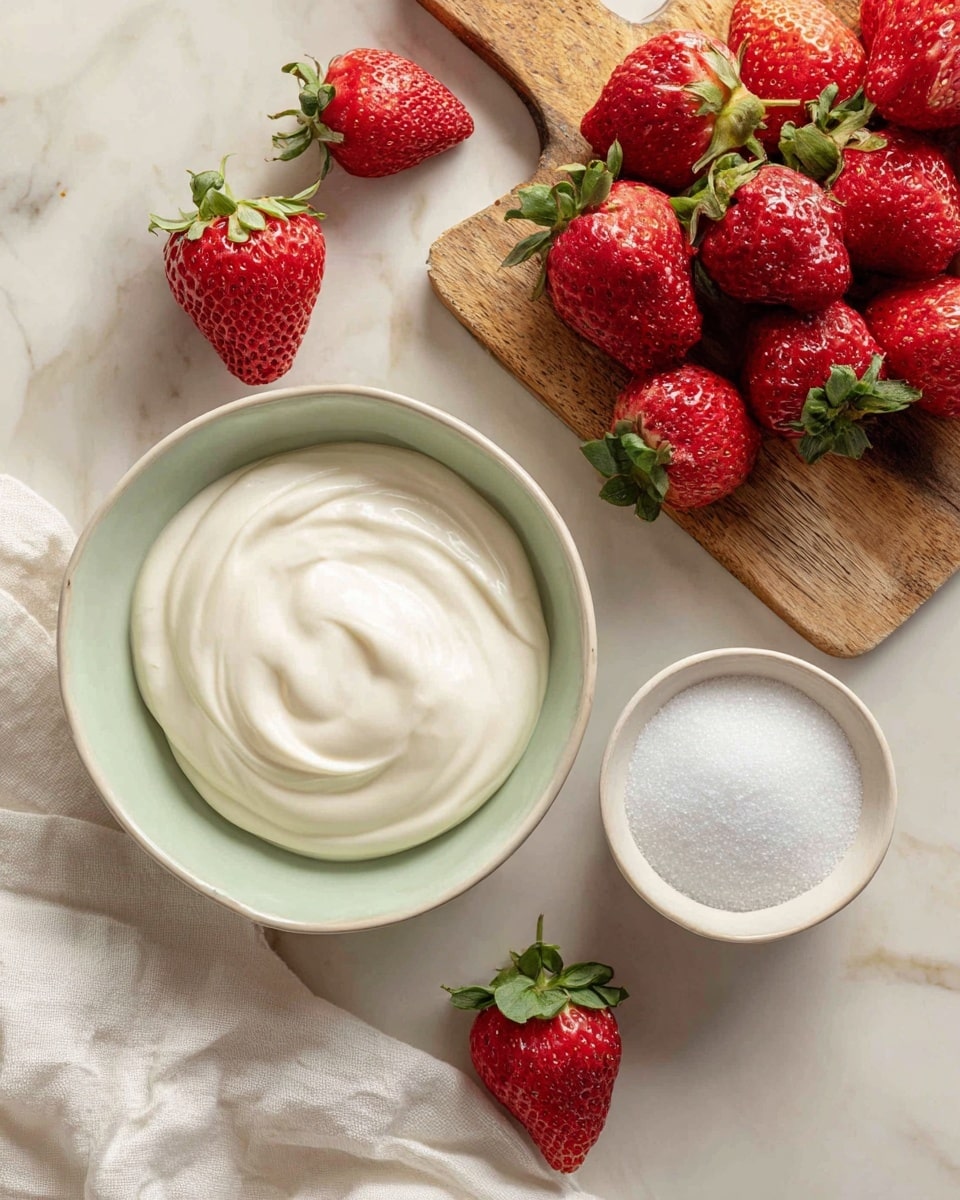 The image shows ingredients for a dessert arranged on a white marbled surface. In the middle, there is a light green bowl filled with smooth, white heavy cream. To its right, a white bowl holds fine, white sugar. On the left side, fresh red strawberries with green tops lie on a wooden cutting board and a white cloth. Some strawberries are also scattered on the surface around the bowls. The colors are bright and natural, with the reds of the strawberries standing out clearly against the neutral tones of the bowls and surface. photo taken with an iphone --ar 4:5 --v 7