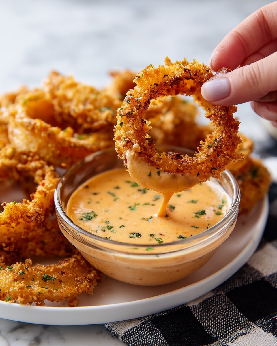 A white rectangular plate is full of golden-brown crispy onion rings stacked in a loose pile, each ring coated with a crunchy textured layer. The onion rings have small green herb sprinkles scattered on top for a fresh look. Next to the plate on a black and white checkered cloth lies a small clear glass bowl filled with a creamy, light orange dipping sauce, speckled with tiny dark bits and green herbs. The whole setting rests on a white marbled surface. photo taken with an iphone --ar 4:5 --v 7