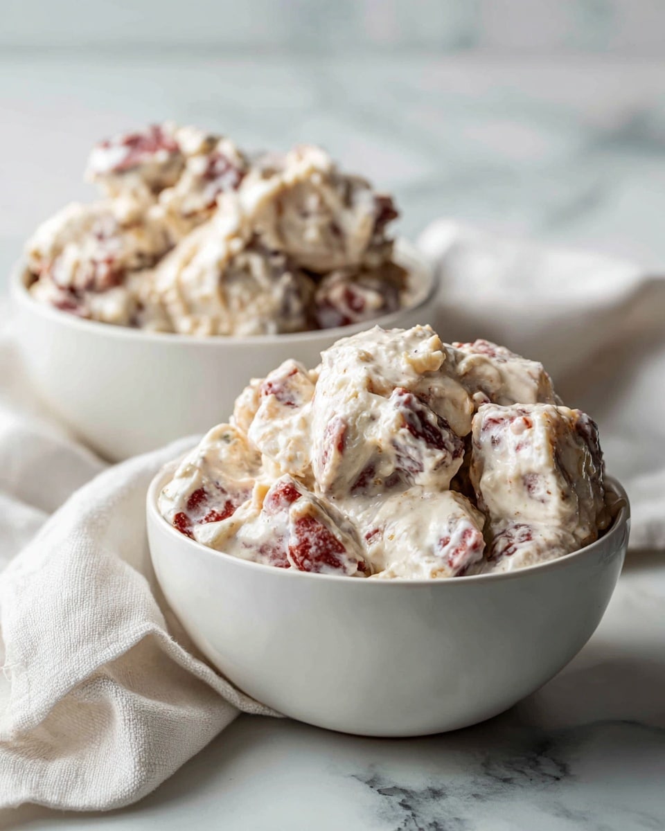 Two white bowls sit on a white marbled surface next to a soft white cloth. Each bowl is filled with a mix of small light brown and red pieces coated in a thick layer of white creamy sauce. The texture looks chunky and soft, with the red pieces slightly peeking through the white cream. The bowls are placed at an angle, with one slightly closer to the camera than the other. photo taken with an iphone --ar 4:5 --v 7