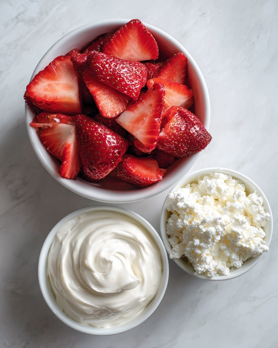 A round bowl filled with bright red strawberry slices that show their fresh, juicy texture, placed on a white marbled surface; below it, two smaller white bowls are side by side, one containing smooth, creamy white coco whip with a soft swirl on top, and the other filled with white cottage cheese showing its lumpy texture. photo taken with an iphone --ar 4:5 --v 7