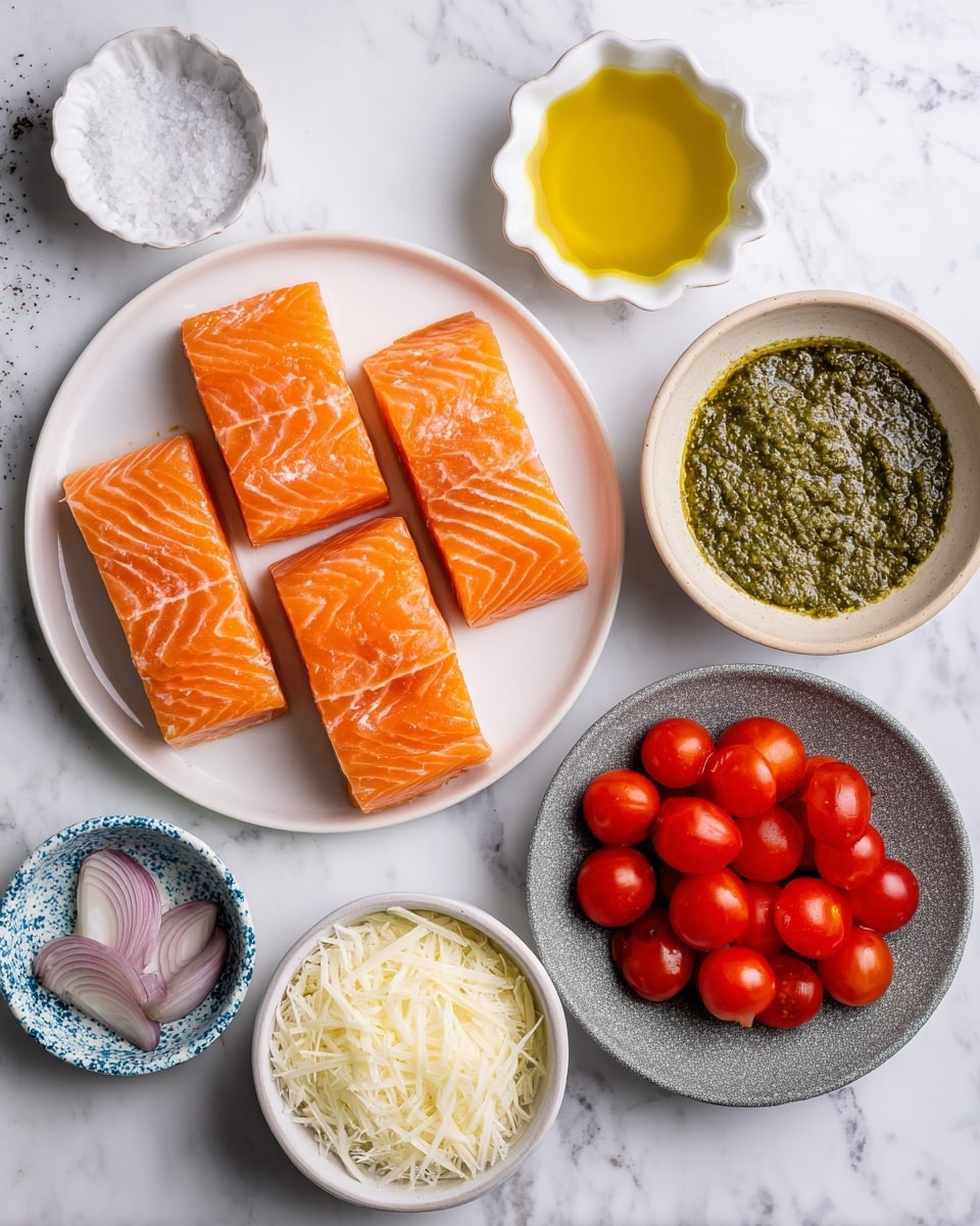 The image shows six ingredients neatly arranged on a white marbled surface. On the left, five rectangular slices of raw salmon with a bright orange color and visible white lines are placed on a white plate. Above the plate, a small white scalloped bowl contains golden-yellow olive oil. To the right of this, a small round white bowl is filled with green pesto sauce with a slightly chunky texture. Below the pesto, a small white bowl with blue spots holds thin, pale pink shallot slices. Next to this, a small gray bowl contains white to light yellow shaved Parmigiano-Reggiano cheese. On the right side of the image, a larger white bowl is filled with glossy red cherry tomatoes. Near the bottom right, a small gray dish with a marbled pattern holds sea salt and black pepper. The overall layout is clean and bright, with all items evenly spaced and clearly visible, photo taken with an iphone --ar 4:5 --v 7