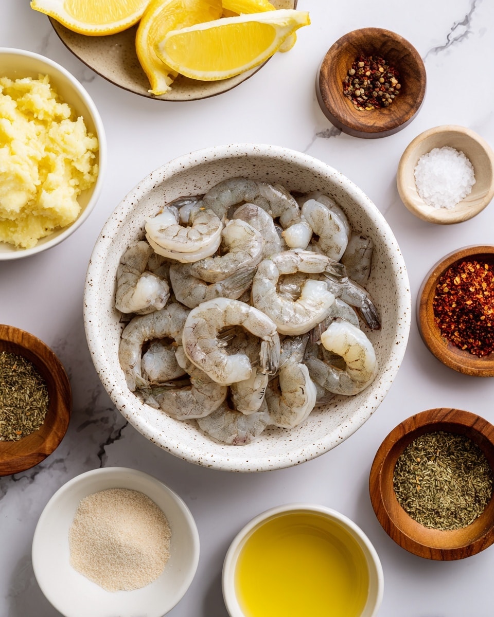 A speckled white bowl in the center filled with raw shrimp, showing a mix of grey and translucent white colors arranged loosely. Surrounding the bowl are small white dishes and small wooden bowls placed on a white marbled texture. Starting from the top left, there is a white dish holding a pale yellow mashed garlic. Below it, a white bowl with bright yellow lemon wedges. Under that, a white bowl showing pale yellow lemon juice. Next, a white bowl contains golden olive oil. Moving to the right, a small wooden bowl holds white salt, above which another wooden bowl with coarse black pepper. To that bowl's right, a small wooden bowl containing red cayenne pepper. Next is another wooden bowl with a green mix labeled Italian seasoning. Lastly, a small wooden bowl below holds light beige onion powder. The setup is neat and evenly spaced, with clear labels identifying each ingredient. photo taken with an iphone --ar 4:5 --v 7