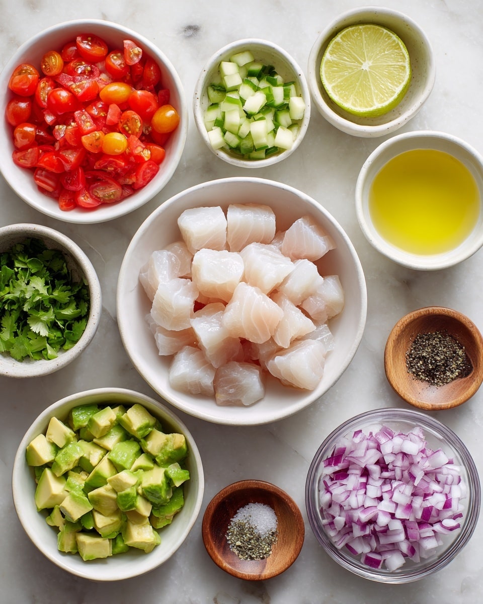 A top view shows multiple white bowls placed on a white marbled surface. The largest bowl in the center holds small chunks of pale pink sushi-grade white fish. Surrounding it are smaller white bowls: one with bright red chopped cherry tomatoes, one with light green cucumber pieces, one with vibrant green diced avocado, and one with finely chopped dark green cilantro. Two small white bowls contain pale yellow lime juice and lemon juice. There is also a small white bowl with finely diced dark green jalapeno and a small wooden bowl with white salt, and another wooden bowl with black pepper. A clear glass bowl holds finely chopped purple and white red onion. The arrangement is neat and well-lit, showing clear colors and textures of each ingredient photo taken with an iphone --ar 4:5 --v 7