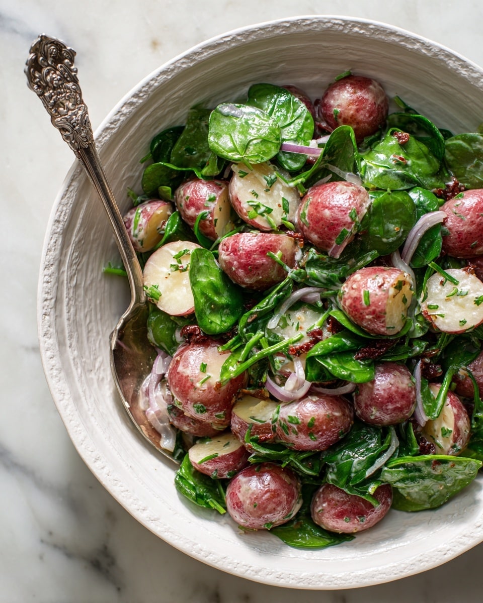 The image shows a close-up of a white bowl with a textured inside, filled with a layered potato salad. The bottom layer is made up of small, halved red-skinned potatoes that have a light glossy coating. Scattered among the potatoes are thin slices of shallots, adding a pinkish-white color. The top layer consists of roughly chopped fresh green spinach leaves that look slightly shiny from the dressing. Small bits of dark brown sun-dried tomatoes and finely chopped herbs are mixed throughout. A vintage silver spoon with floral engravings is placed inside the bowl. The bowl sits on a white marbled surface photo taken with an iphone --ar 4:5 --v 7