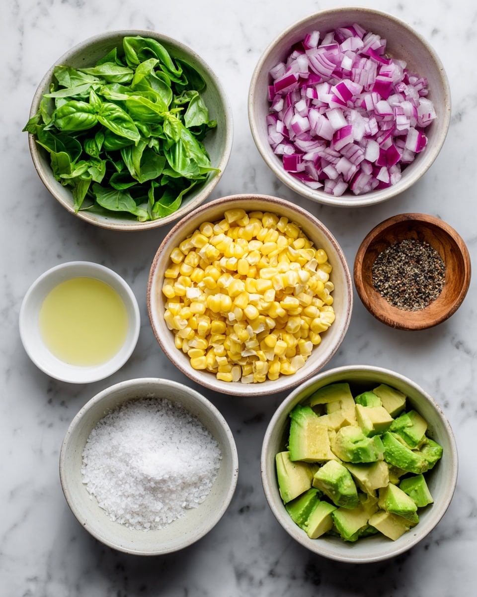 The image shows six white bowls on a white marbled surface, each containing different ingredients for a dish. The center bowl holds light yellow sweet corn cut into small pieces with a soft texture. To the top left is a bowl of chopped green basil leaves, vibrant and fresh. To the top right is a bowl filled with chopped red onion pieces, showing a mix of purple and white colors and a crisp texture. Below the red onion bowl is another bowl containing diced avocado, green with a smooth texture. To the bottom left is a small bowl of white sea salt with a fine grain, and above it, a small container holds pale yellow lime juice. Next to the lime juice, a tiny wooden bowl contains ground black pepper. Photo taken with an iphone --ar 4:5 --v 7